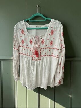 Impressions Embroidered Long Sleeve Flowy BoHo Blouse. White/Pink. Size:XL